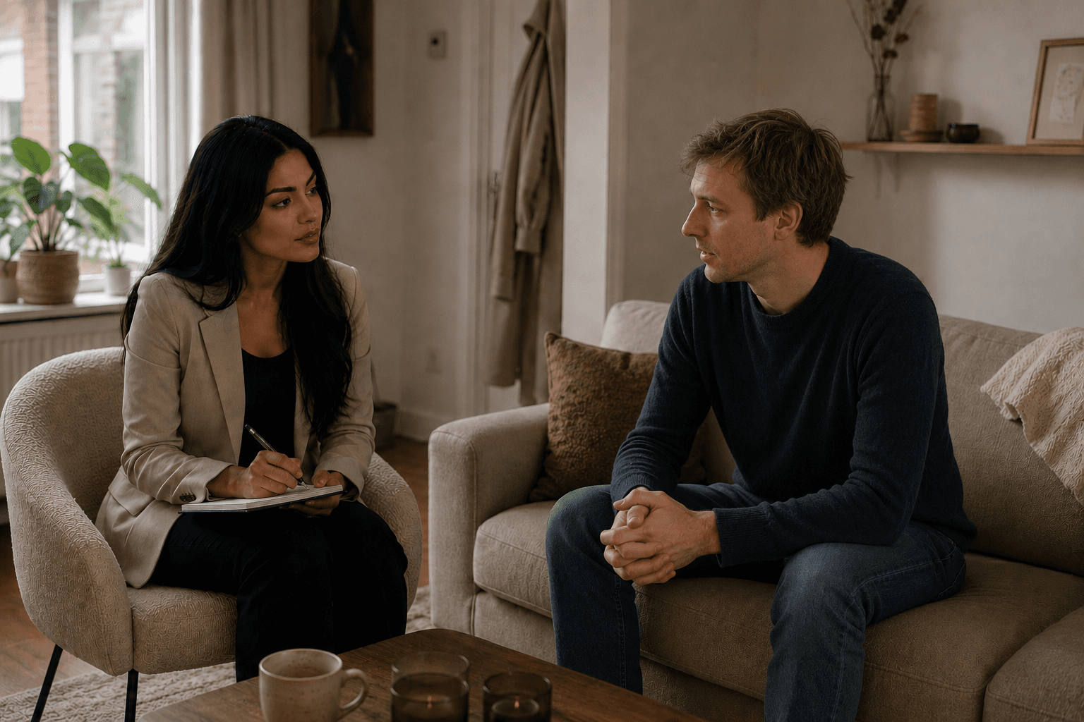 Begeleider in gesprek aan de keukentafel